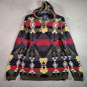 American Eagle Hoodie Sweater Mens L Green Southwest Aztec Print Henley Cabin